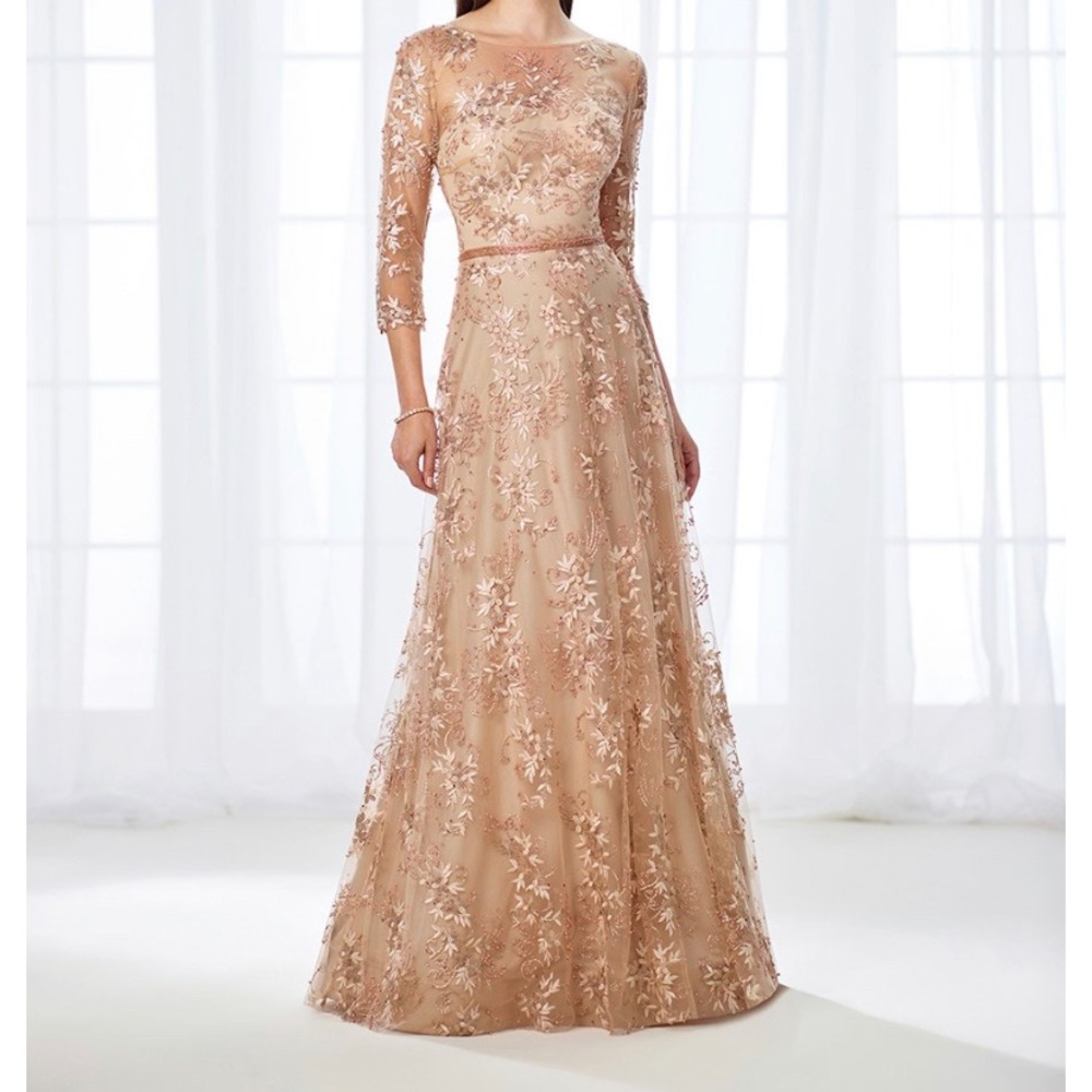 Beaded Illusion Neckline Champagne Gown
